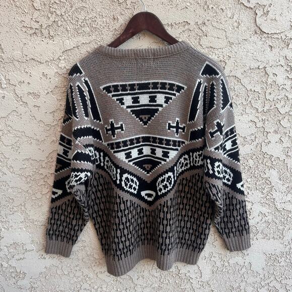 Vintage Geometric Knit Leather Sweater Size XL - Picture 2 of 4